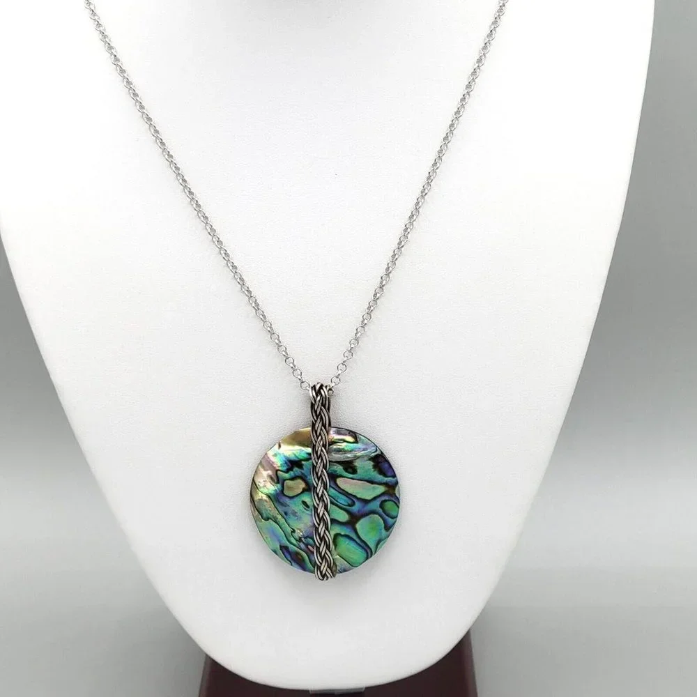 Womens Round Mother Of Pearl Pendant Silver Tone Round Link Chain Necklace 22 in - Picture 1 of 8